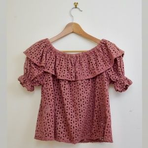 Red Ruffled Eyelet Cold-Shoulder Top
